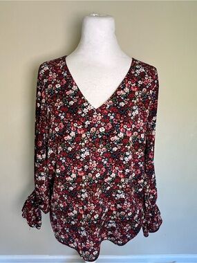 Vince Camuto Multicolor Floral V-Neck Long Sleeve Ruffle Blouse Women M